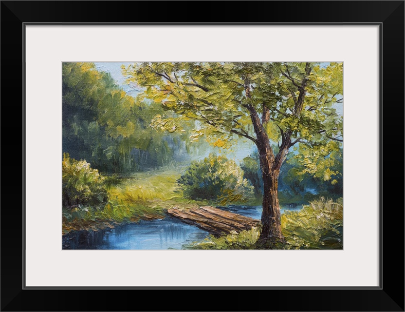 Originally an oil painting landscape of colorful summer forest, beautiful river.