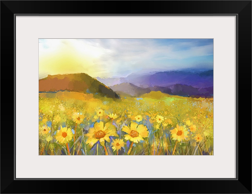 Daisy flower blossom. Originally an oil painting of a rural sunset landscape with a golden daisy field. Warm light of the ...