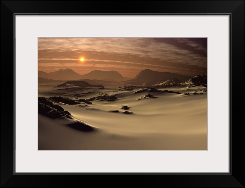 3D rendered fantasy landscape with a desert, dunes, mountains and the sun.