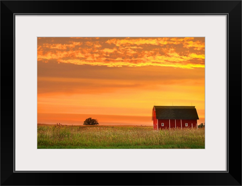 Farm landscape with old barn against bright evening sky.