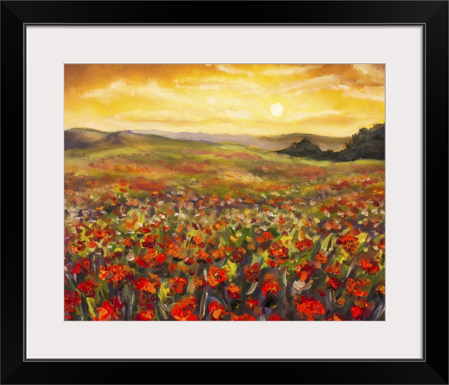 Field Of Red Poppies At Sunset