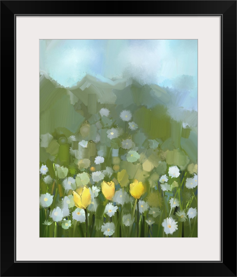 Originally an oil painting field of yellow tulip and white daisy flowers. Originally hand painted floral in soft color and...