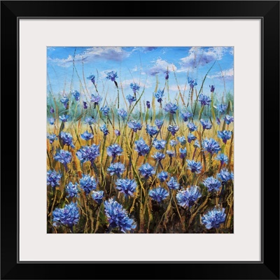 Flower Field, Blue Flowers In Meadow, Blue Sky