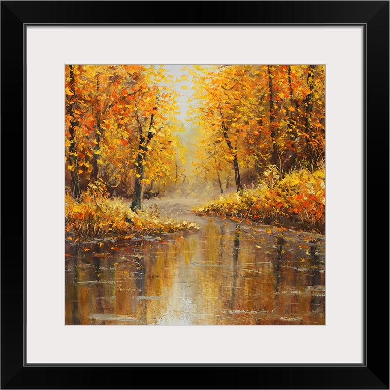 Originally yellow oil painting autumn island seascape, beautiful autumn on canvas. Golden autumn in foggy river. Palette k...