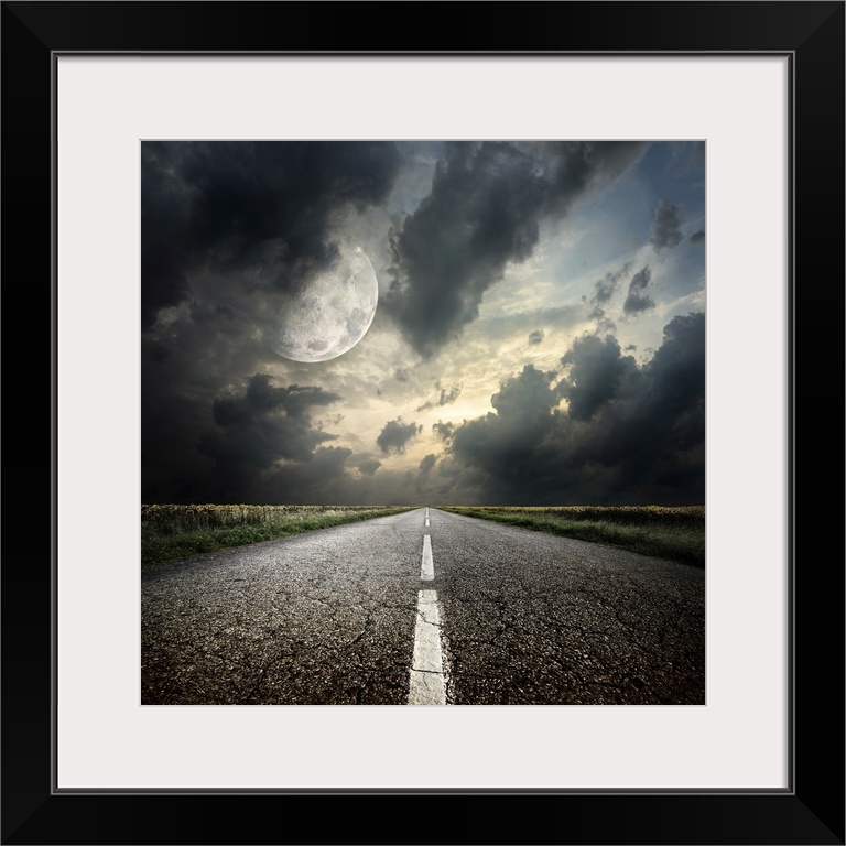 Highway and the moon. Elements of this image furnished by NASA.