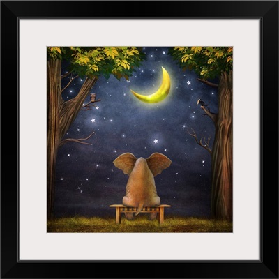 Illustration Of A Elephant On A Bench In The Night Forest