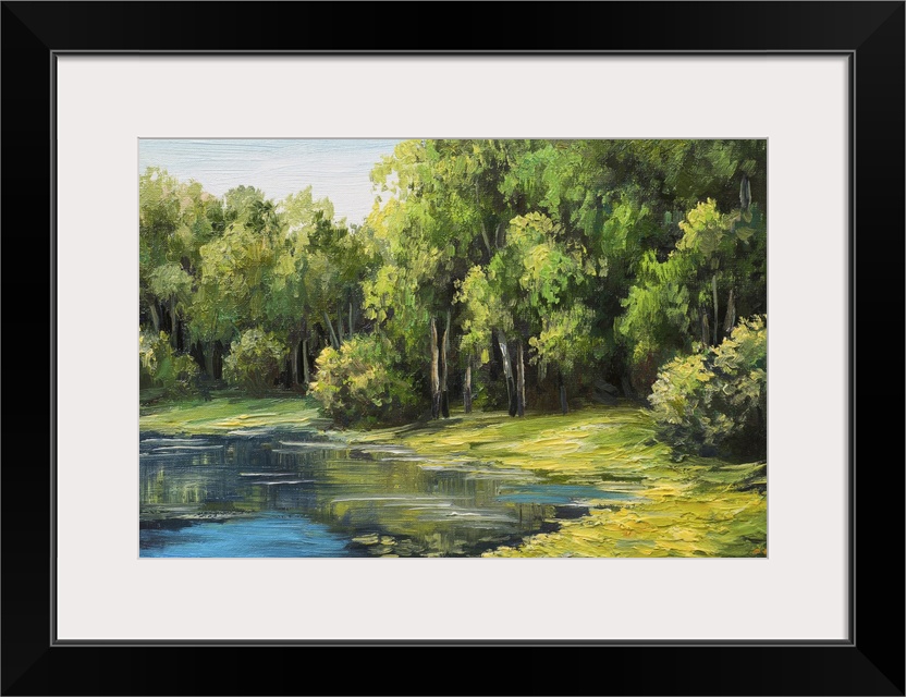 Originally an oil painting landscape of the lake in the forest, summer day.