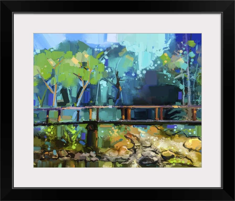 Originally an oil painting landscape with wooden bridge over creek in forest. Originally hand painting of colorful summer ...