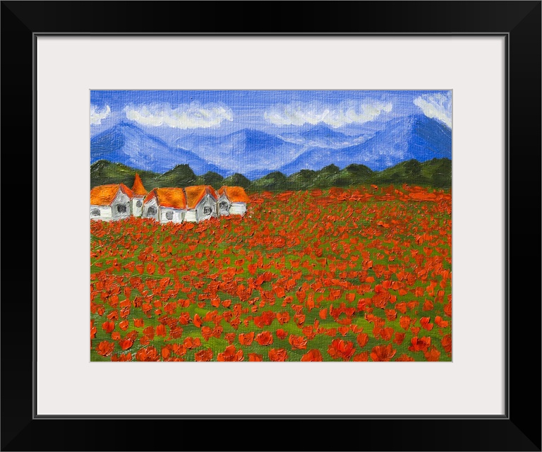 Originally hand painted illustration, oil painting of a summer landscape - meadow with red poppies with hills and houses.