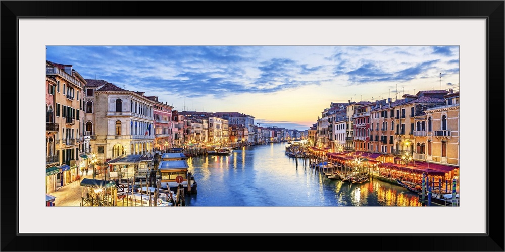 Panoramic view of the famous grand canal at sunset, Venice.