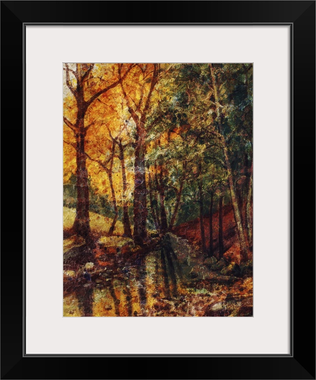 Originally a landscape oil painting with river in autumn forest. Vintage structure background.