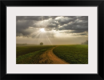 Rural Landscape, Foggy Sunrise With Sunbeams Breaking Through Clouds