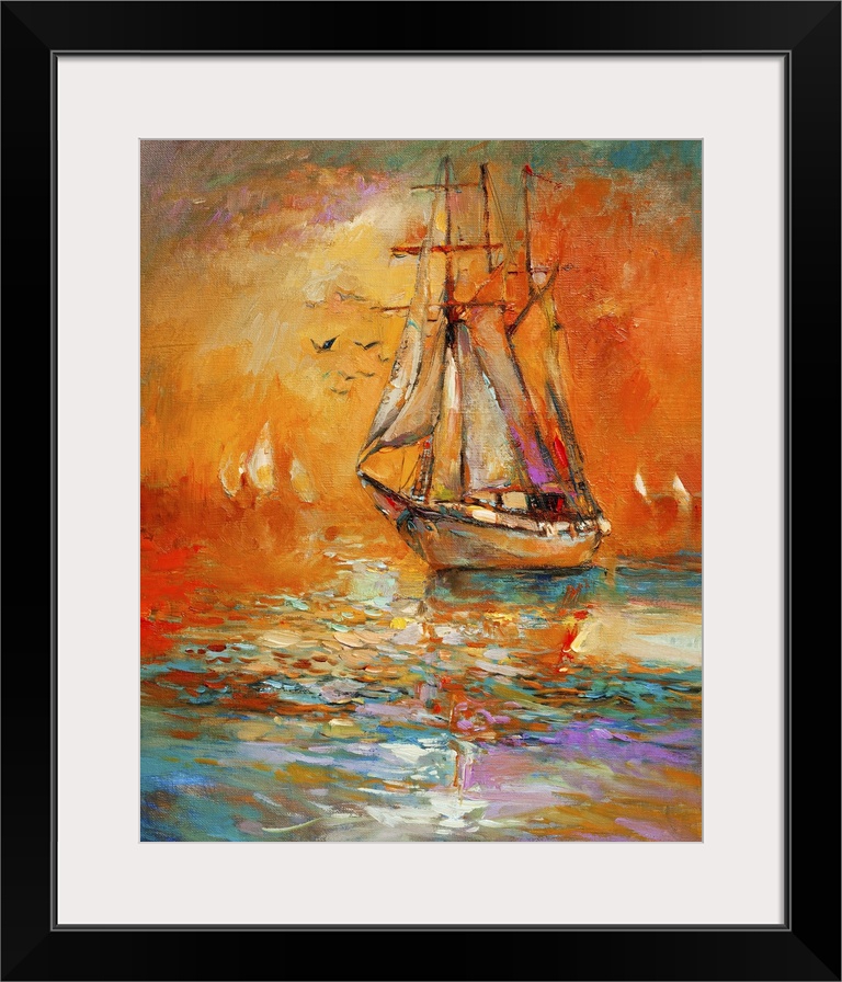 Originally an oil painting of a ship and sea on canvas. Golden sunset over ocean. Modern impressionism.