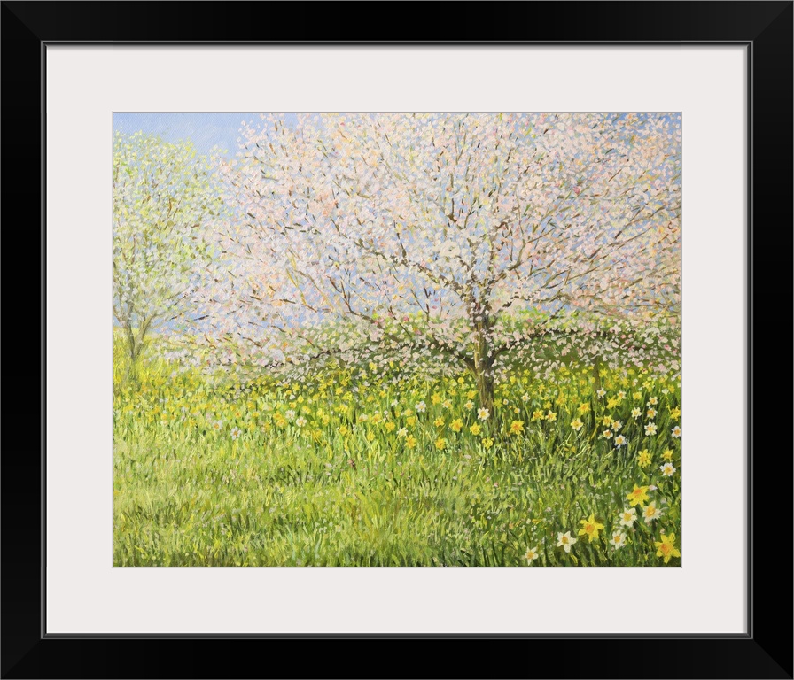 Originally an oil painting of a springtime natural landscape with blooming trees and colorful meadow full of daffodils.