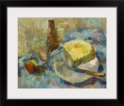 Still Life Bottle Cheese Knife Glass Of Apple On Canvas