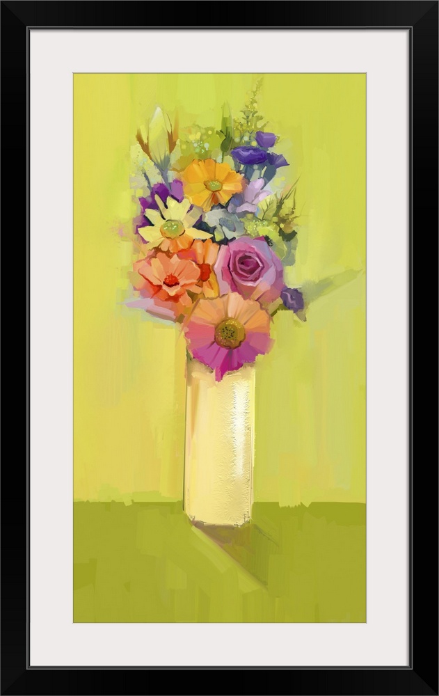 Still life of white, yellow and red color flowers. Originally an oil painting a bouquet of rose, daisy and gerbera flowers...