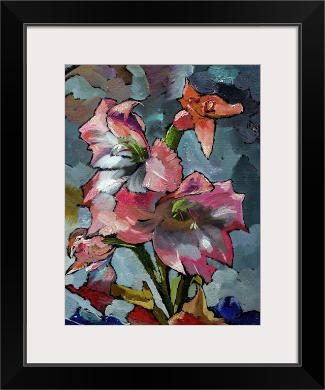 Originally an oil painting of still life with orange and pink irises. Flowers in shade of black gray and blue on canvas wi...