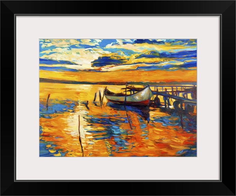 Originally an oil painting on canvas of a boat and jetty (pier).