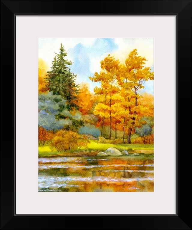 Originally a watercolor landscape. Autumn forest on the lake.