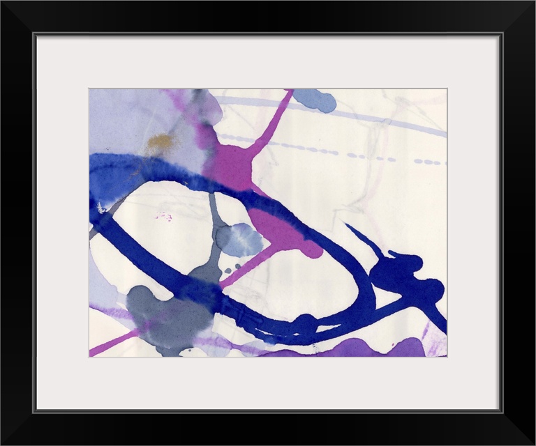 A contemporary abstract painting of purple, pink and lavender color paint thrown and splattered onto a cream toned surface.