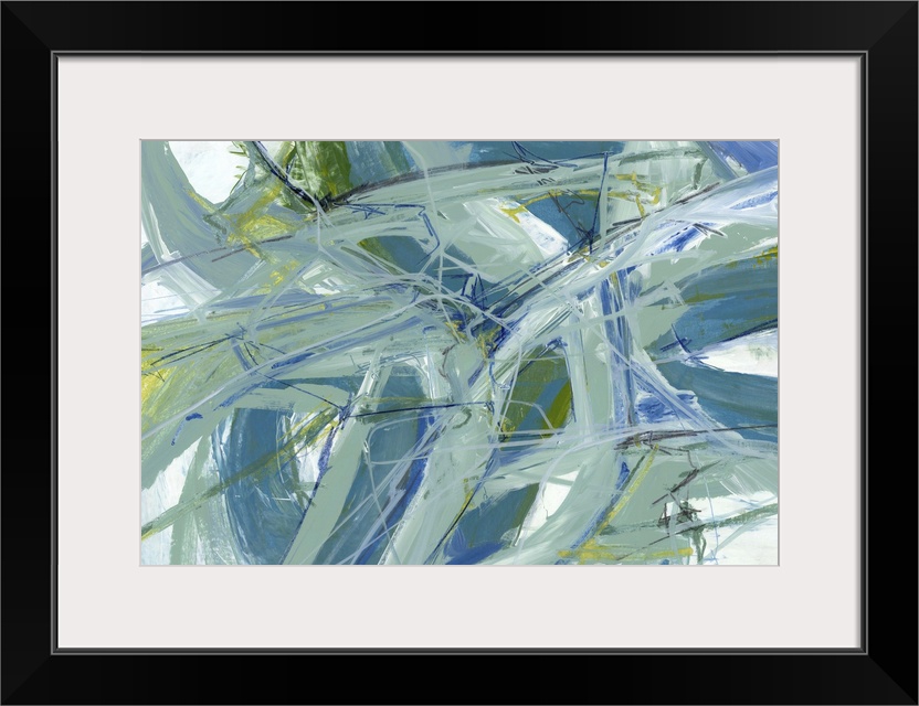 A contemporary abstract painting using tones of green and blue in a fluid dynamic movements creating a web of color.