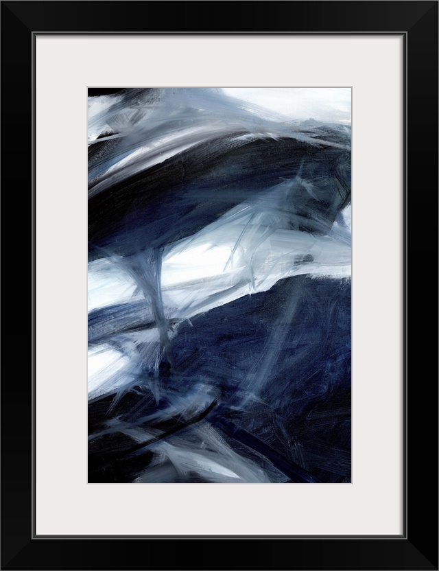 Contemporary abstract artwork in dark shades of grey and blue with small areas of white.
