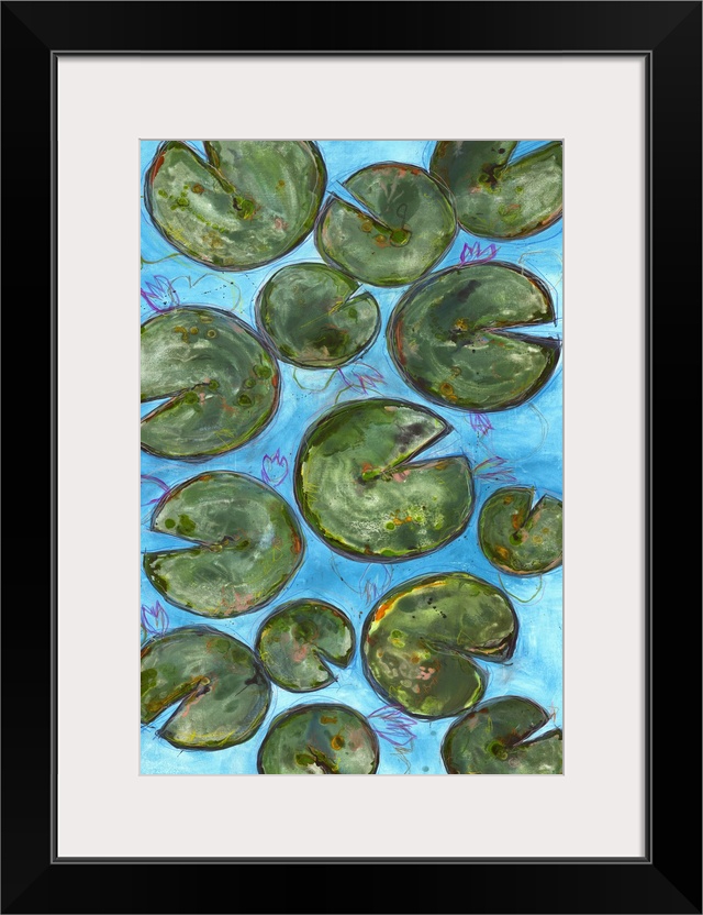 Large painting of lily pads on a blue background with thin pink, purple, orange, and yellow layered outlines of waterlily ...