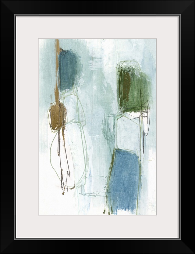 A contemporary abstract painting of globular shapes in muted against a pale blue background.