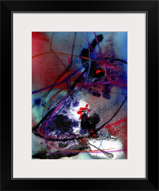 Contemporary abstract painting with dark blue and black streaks over a red and blue wash.
