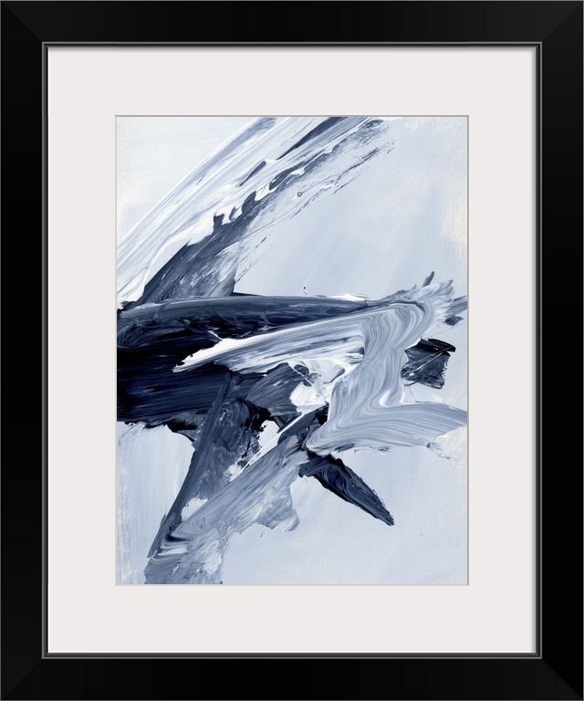 A contemporary abstract painting using a variety of dark and light blue tones in a fluid slashing movements.