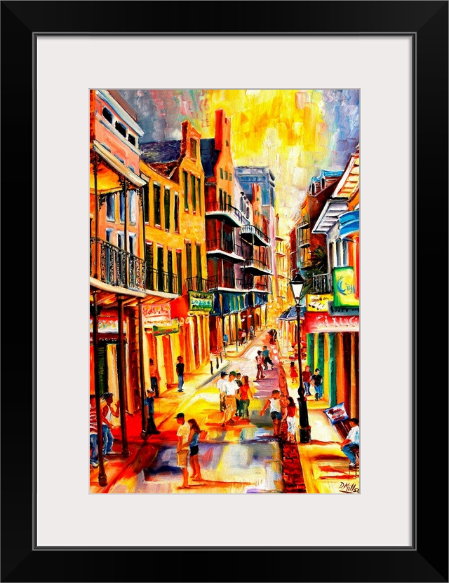 Giant, vertical, contemporary painting looking down a row of buildings on either side of Bourbon Street in New Orleans.  G...