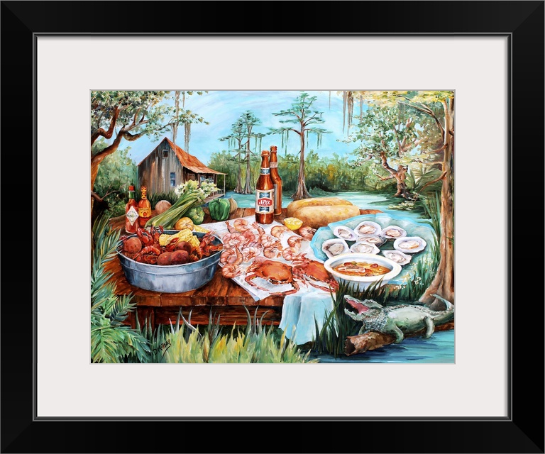 A contemporary painting of a cajun meal of seafood and beer next to an alligator and house on a bayou in the background.