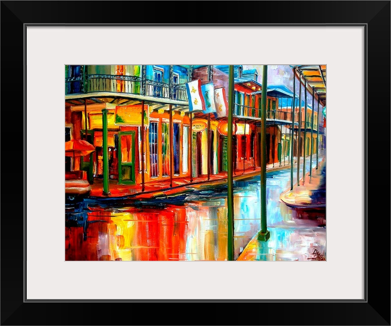 Boldly colored contemporary painting of historic park in French Quarter of New Orleans.  Shops line the wet streets with b...