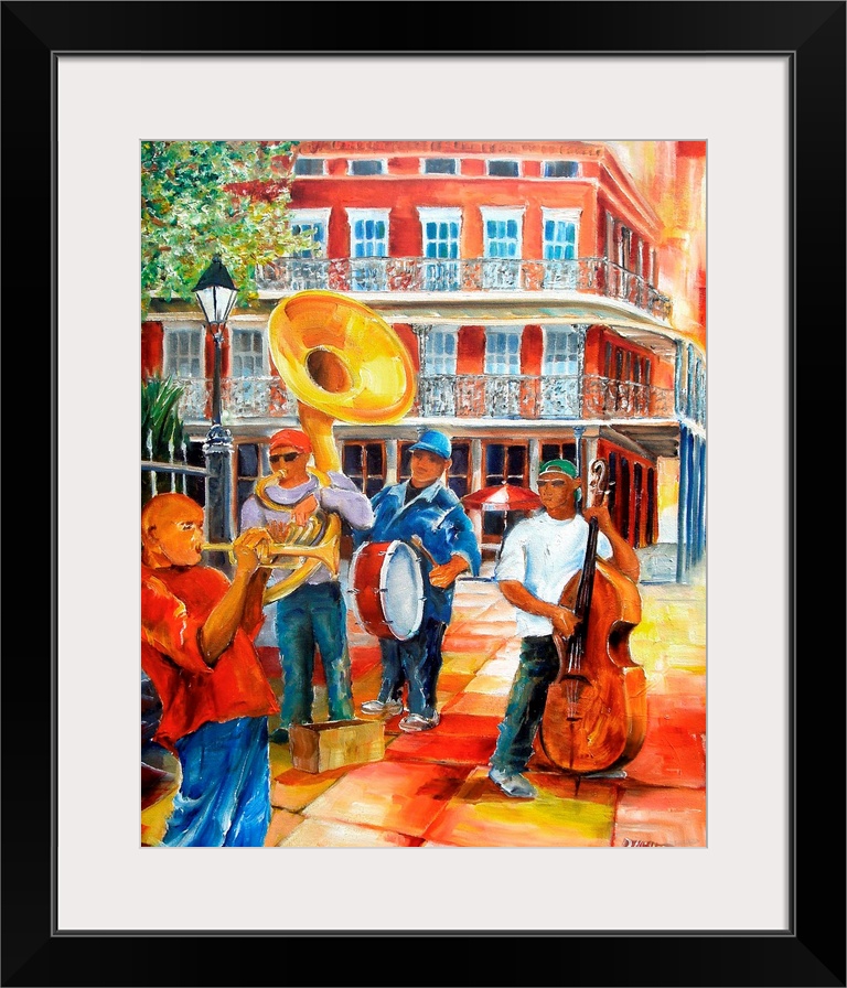 Colorful contemporary painting of New Orleans' street musicians performing in Jackson Square.