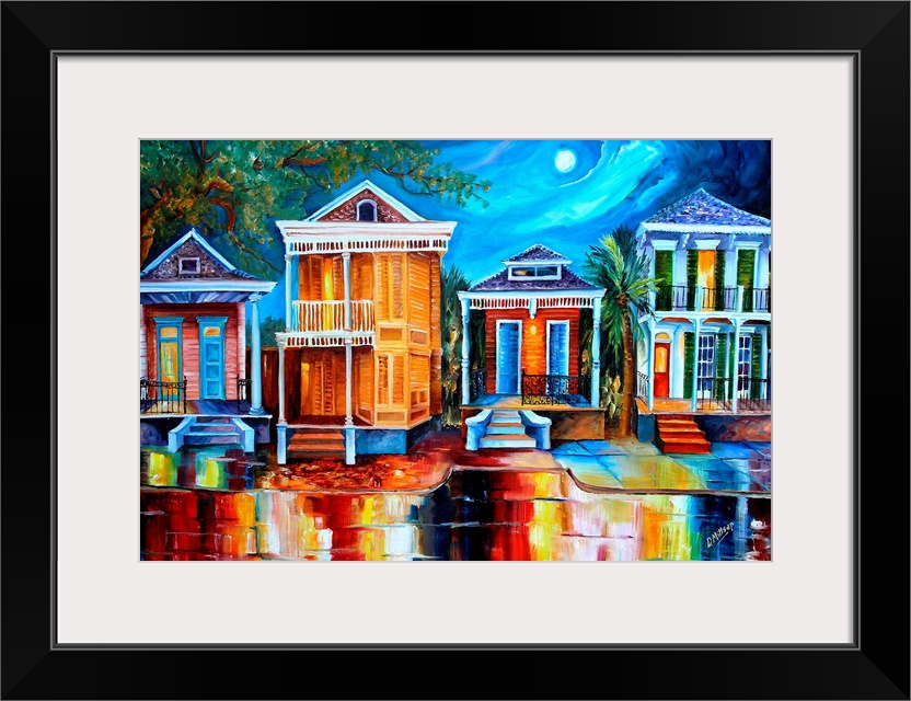 This contemporary nighttime scene features a row of historic shotgun houses in New Orleans. The bright colors of the house...