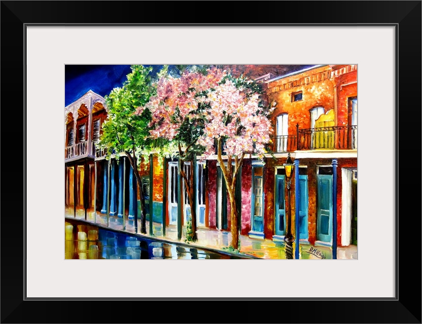 Contemporary painting of flowering trees along a street in New Orleans, Louisiana.