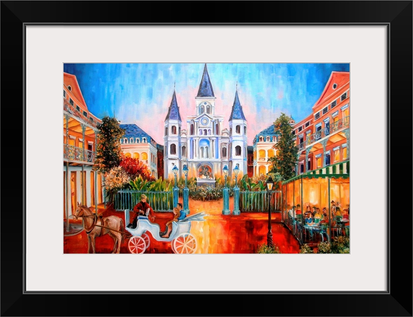 Huge contemporary art shows a historic park in the French Quarter of New Orleans, Louisiana through the use of a lot of br...