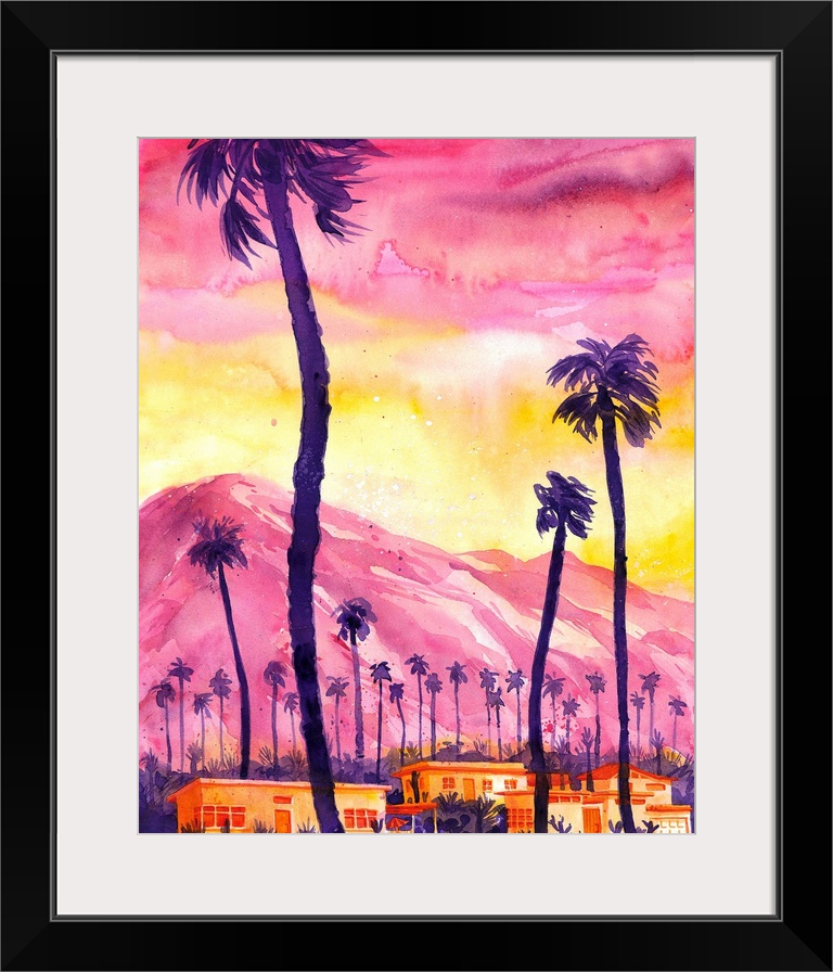 Watercolor of an imagined view in Palm Springs. Showing the distinguishing features of the scenery in the stunning Califor...