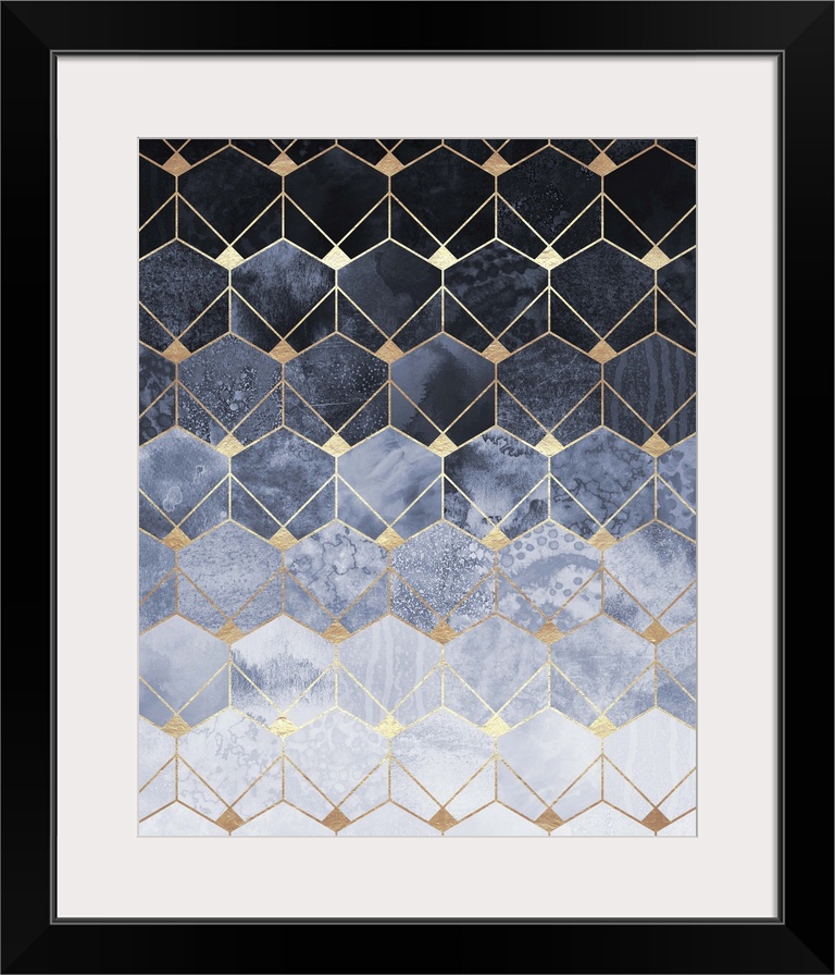 A prism of triangles in various shades of textured ivory and navy are arranged in to form a three-dimensional prism effect...