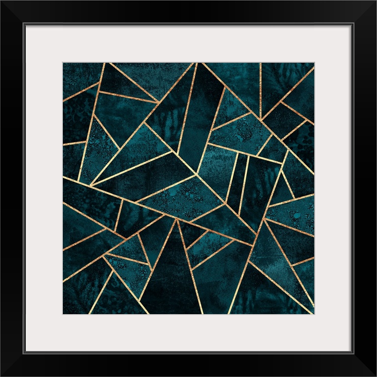 A contemporary, geometric, art deco design in shades of dark teal. The shapes are outlined in gold.