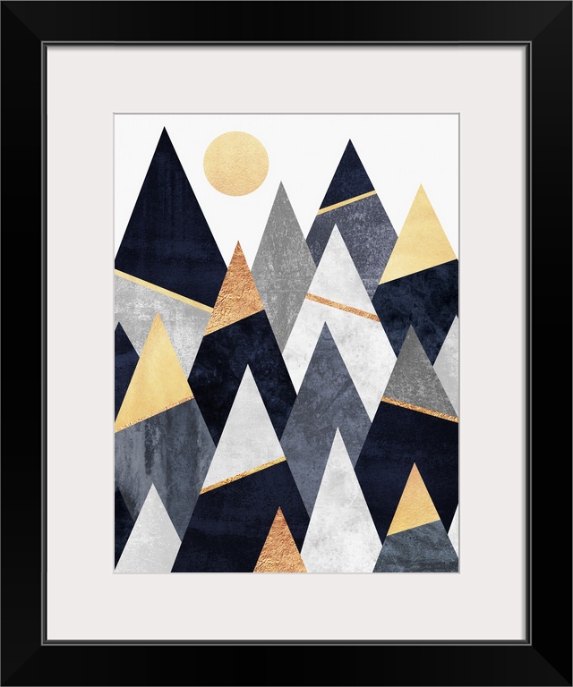 A simple geometric interpretation of triangular mountains in shades of grey, ivory and gold  beneath a gold-colored sun.