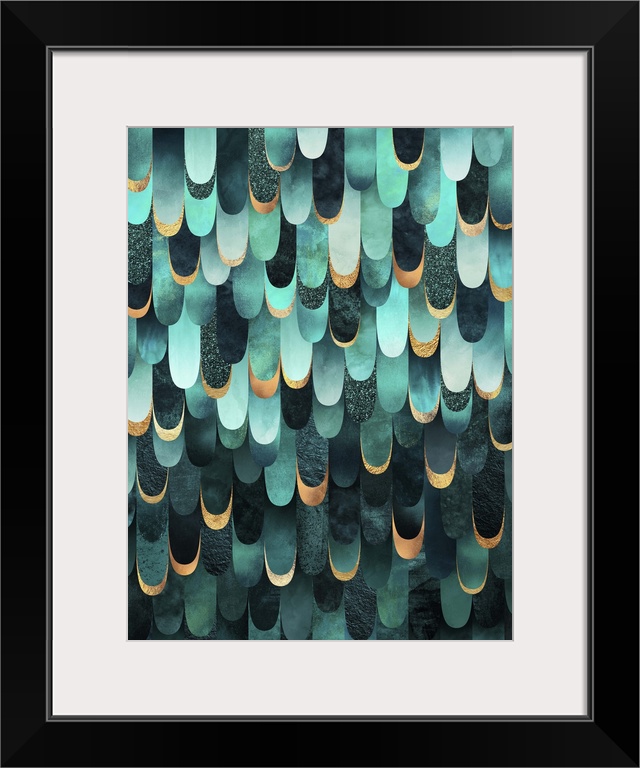 Overlapping scales in shades of teal, turquoiseform a feather design