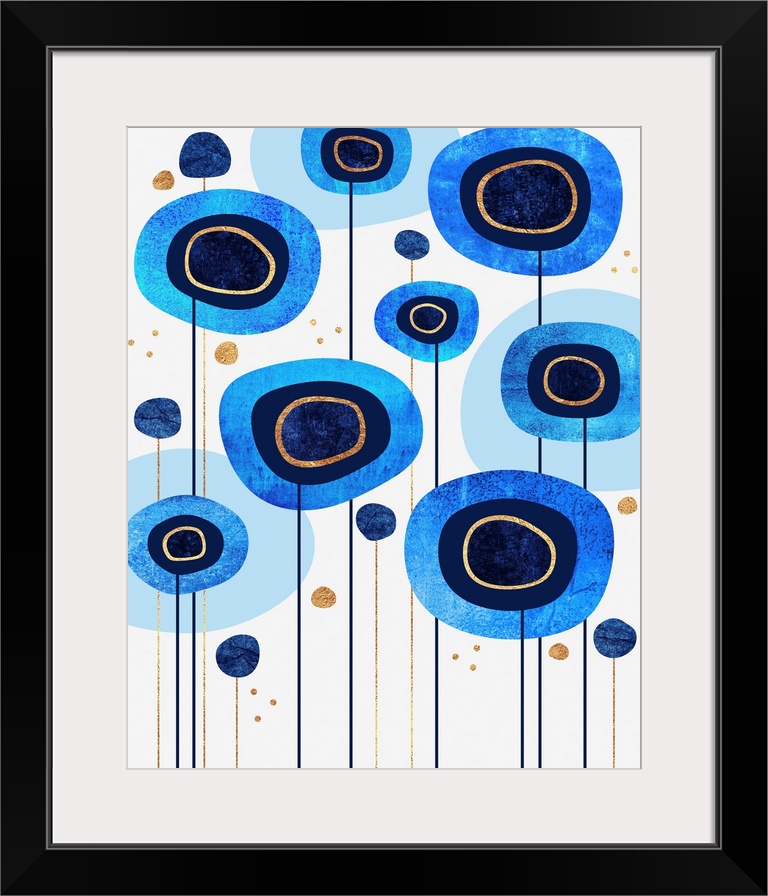 Rounded, organic shapes in shades of blue and gold represent flowers on tall straight stems.