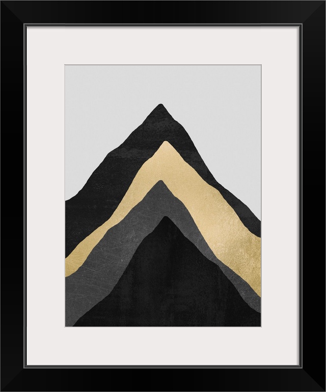 Four overlapping, organic triangular shapes in shades of black, grey and gold, representing a series of mountains under an...