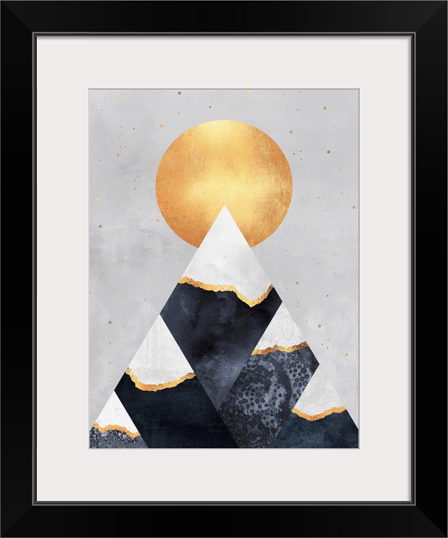A simple geometric interpretation of triangular mountains in shades of steel blue, gold and grey beneath a gold moon.