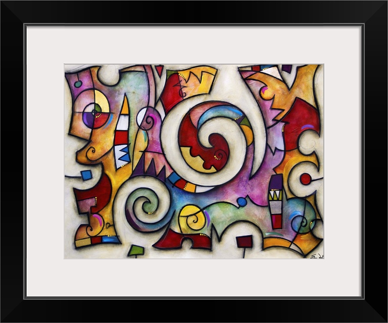 Contemporary abstract painting of colorful puzzle-like collage resembling stained glass.