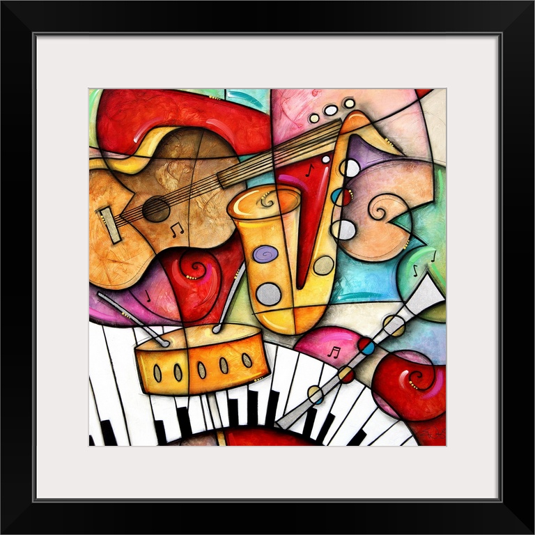 Square artwork on a giant canvas of a grouping of illustrated jazz instruments, including the saxophone, snare drum, bass ...