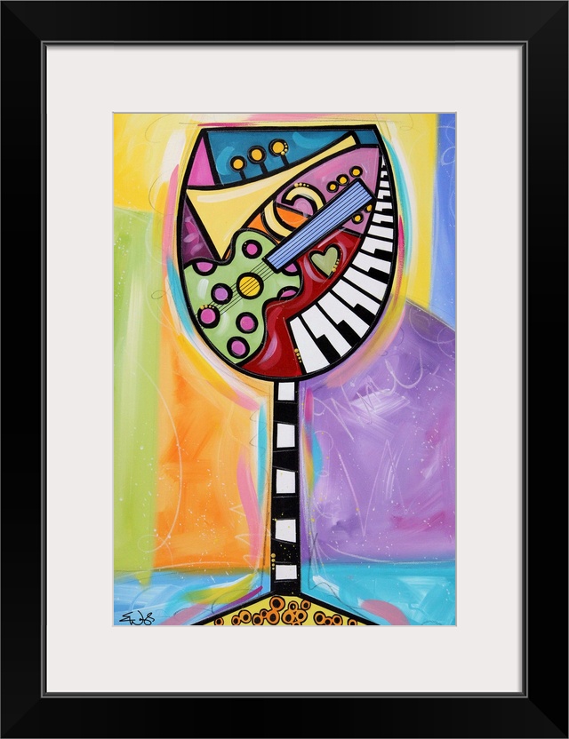 Giant, vertical contemporary painting of a large wine glass full of colorful shapes and musical instruments such as a guit...