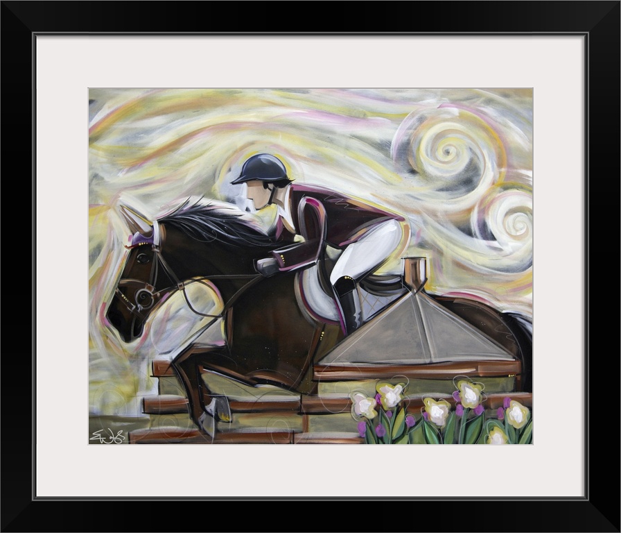 Contemporary painting of a rider jumping a black horse over a decorative hurdle.