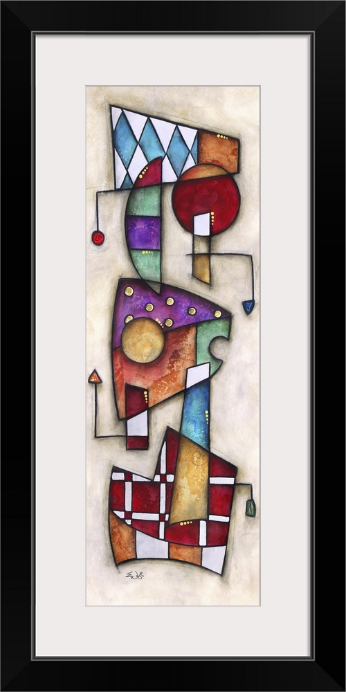 Various shapes with different designs are stacked up on each other in this tall vertical piece.